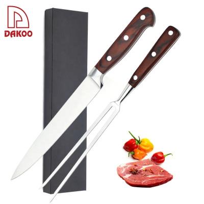 China 2PCS Disposable Wooden Pakka Stainless Steel BBQ Knife and Fork Set Barbecue Carving Knife Set With Box for sale