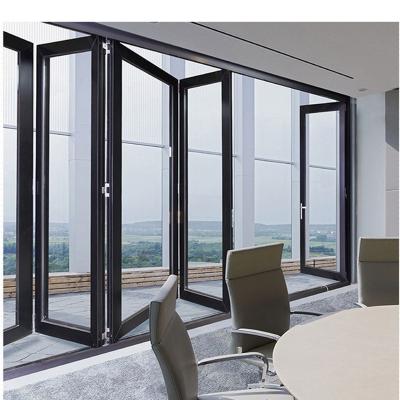 China Aluminum Retractable Screen Hurricane Impact Double Tempered Glass Folding Door Retractable Door For Villa Waterproof Steel Door for sale