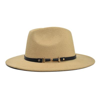 China Four Seasons Fashion JOINT Metal Belt Wide Brim Flat Top Wool Felt Fedora Hat for sale