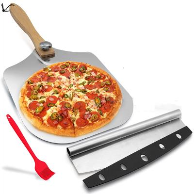 China Sustainable Oven Set Aluminum Metal Pizza Skin Pack of 3 Pizzas Set 12 Inch Foldable Wooden Handle for Homemade Pizza Gift Baking Set for sale