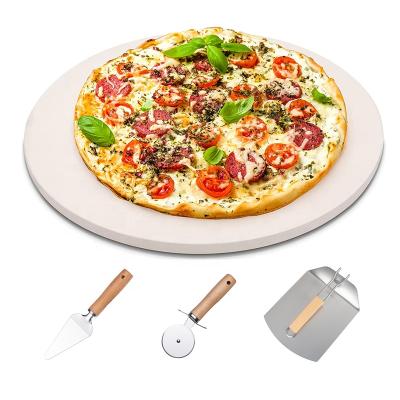 China Sustainable newcomer 4 pieces 13inch pizza stone for grill and oven with foldable metal pizza peel and accessories set for sale