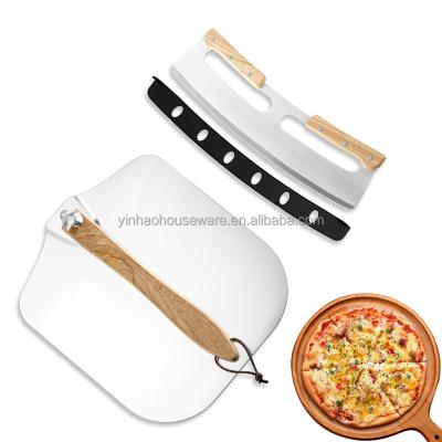 China New Product Sustainable Stainless Steel Folding Pizza Skin With Wooden Handle With Pizza Cutter Rocker For Indoor And Outdoor Pizza Oven for sale