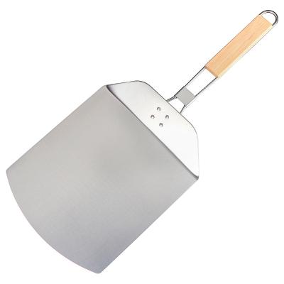 China Stainless Steel Viable Hot Pizza Turner Shovel Oven Accessories Large Pizza Vending Rotating Spatula With Foldable Wooden Handle for sale