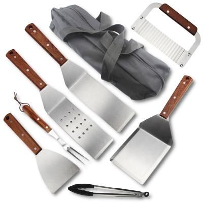 China Easily Cleaned Stainless Steel 7PCS Wooden Spatula Handles GRILL Griddle Accessories Kit With Carrying Bag for sale