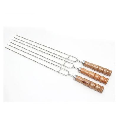 China Easily Cleaned Wooden Double Sticks Stainless Steel Handle BBQ BBQ Kebab Skewer for sale