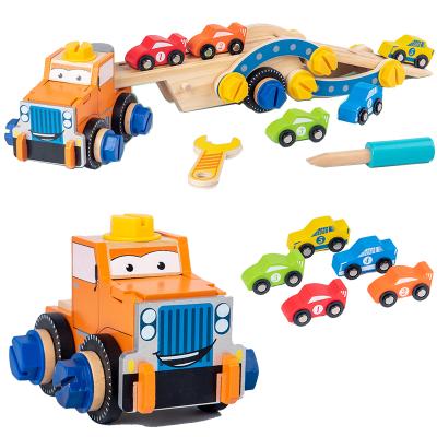 China Wood+Metal+Plastic Montessori Children's Assembly Screws Wooden Model Car Double Decker Truck Toy Transport Vehicle Engineering Vehicle for sale