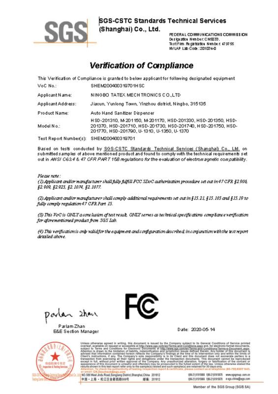 FCC - Ningbo Tatex Mechtronics Co., Ltd.