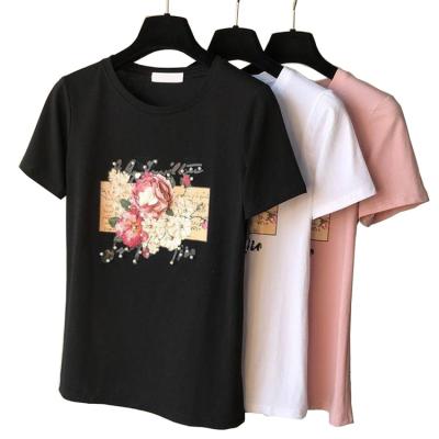 China 95% cotton QUICK DRY spring sleeve fashion tops and print European and American summer nail pearl sequin flower short T-shirt women for sale