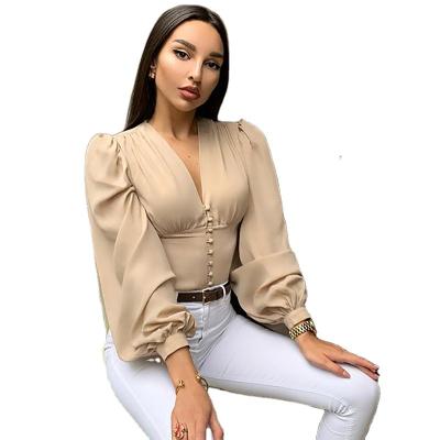 China Autumn single deep breasted women's wholesale street shirt solid color waist sleeve new style breathable lantern top for sale