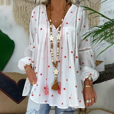 China European And American V-Neck Loose Size Women's Wear Breathable Warm Sleeve Shirt Lace Cutout Printing Long Border Shirt for sale