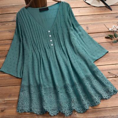 China Summer Europe and America new breathable jacquard weave pleated hollow lace V-neck shirt women loose and comfortable overshirt for sale