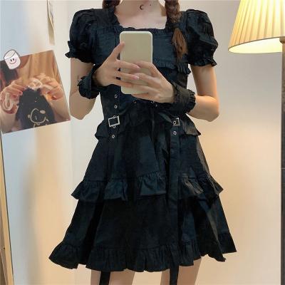 China Spring 2021 New Breathable Korean Dark Lolita Girl Fashion Dressretro Spring Squishy Cake Dress With Waist Strap Black Skirt for sale