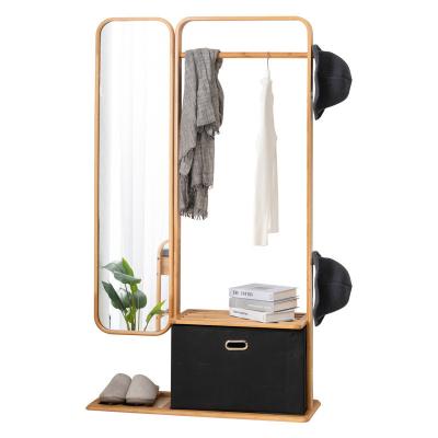 China Hot Sale Modern Curved Bamboo Floor Coat Rack Integrated Mirror Clothes Shelf for sale