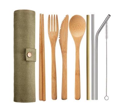 China Viable Wholesale Organic Bamboo Knife Chopsticks Spoon Fork Set Flatware Kitchen Utensils with Cleaning Bag and Brush for sale