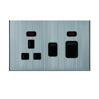 China UK Stainless Steel Panel Power Supplies 220V-250V 2Gang Electrical Switches And Dual 13a USB Wall Socket for sale