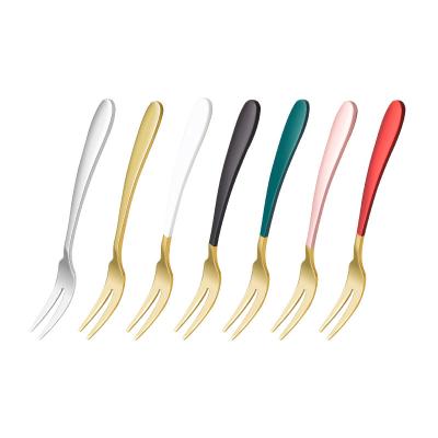 China Eco Creativity 304 Stainless Steel Mini Fruit Viable Golden Mini Fork Colorful Eco Wedding Cake Dessert Fork for sale