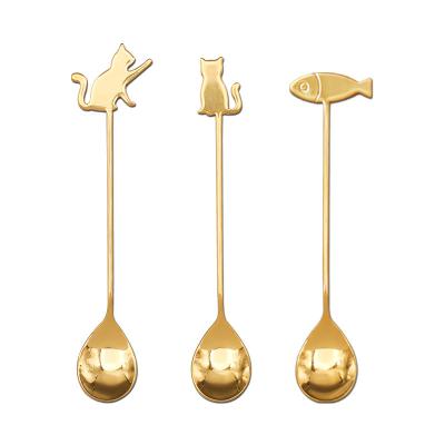 China 2022 New 304 Stainless Steel Stocked Cartoon Cat And Fish Spoon Cutlery Set Gold Cutlery Travel Set for sale