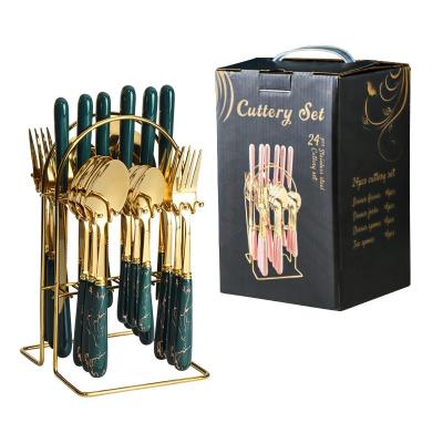 China Retro Palace Style 24pcs Handle Cutlery Stainless Steel Flatware Sustainable Ceramic Set With Luxury Rack for sale