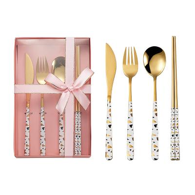 China Viable Luxury Reusable Korean Stainless Steel Cutlery Set Spoon Gold Stainless Spoon Chopsticks Knife Forks 4 Piece Set Gift Box for sale