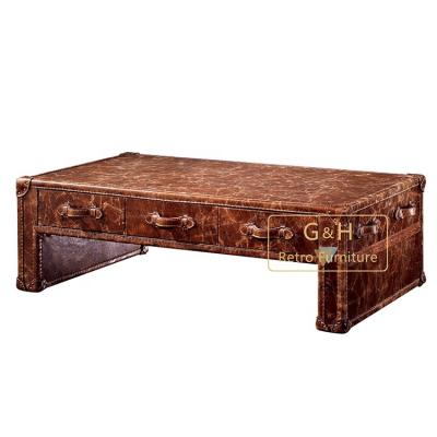 China Traditional Vintage Grain Leather Top Solid Wood Coffee Table GH-L819A for sale