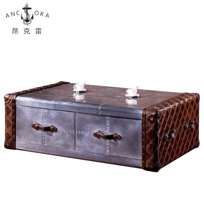 China Retro Industrial Classic Silver Aluminum Coffee Table / Antique Leather Upholstered Aluminum Coffee Table L818 for sale