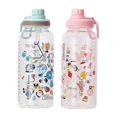 China insWind Viable Cute Graffiti Straw Glass Mug With Scale Student Sports Large Capacity Water Cup for sale