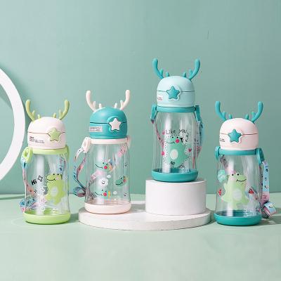 China New Viable Popular Style Christmas Antlers Cups Children's Straw Cup With Strap Cute Plastic Portable Baby Bottles Water Bottle for sale