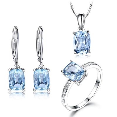 China FASHIONABLE Fashion Style 925 Sterling Silver Sky Blue Topaz Female Rectangular Luxury Ring, Earrings and Necklace Jewelry Set for sale