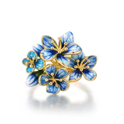 China New Flower Ring Blue Epoxy 925 Sterling Silver Lady Charm Design Fashion Romantic Bouquet With 18k Gold Plated for sale