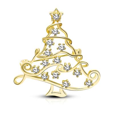 China Fashionable Light Christmas Gifts Gold And Silver Color Decorated Zircon Hollow Pattern Christmas Tree Brooch for sale