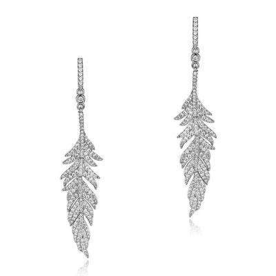 China New Fashion TRENDY women drop earrings jewelry white gold plated leaf linked CZ micro pave dangle silver wedding earrings for sale