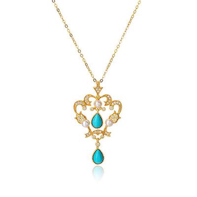 China 2020 TRENDY natural stone inlaid with crown design turquoise jewelry pendant necklace for sale