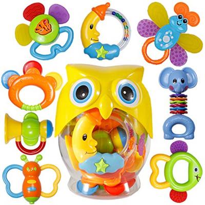 China Hot Selling Cute 8pcs Baby Funny Gift Wholesale Baby Grasp Shaker Baby Rattle Teether For Early Educational With Bottle Gift Set for sale