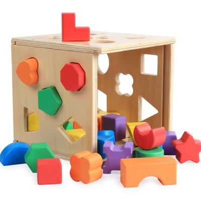 China Construction Toy Hot Selling Custom Box Shape Geometric Assorted Logo 25 Hole Intelligence Wooden Cognitive Building Block Toys For Children for sale