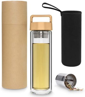 China Wholesale High Quality Sustainable Borosilicate 450ml Double Wall Insulated Sports Glass Water Bottle With Handle Lid And Strainer for sale