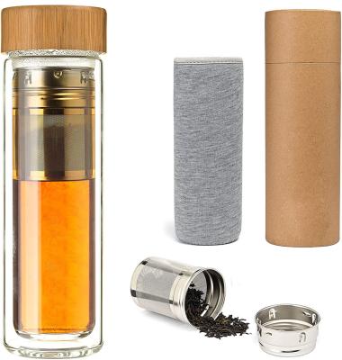 China Viable No Minimum Double Wall Glass Fruit Water Bottle Tea Premium High Quality Water Bottle With Bamboo Infuser Lid for sale