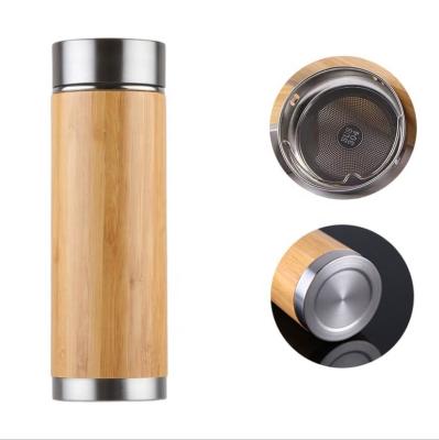 China Viable custom logo natural stainless steel water bottle coffee cup tea bamboo vacuum flasks with lid BPA free for sale