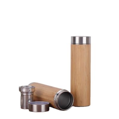 China PORTABLE hot sale cpc-1001 500ml double wall stainless steel water bottle natural bamboo heat insulated thermos tea flasks with infuser for sale