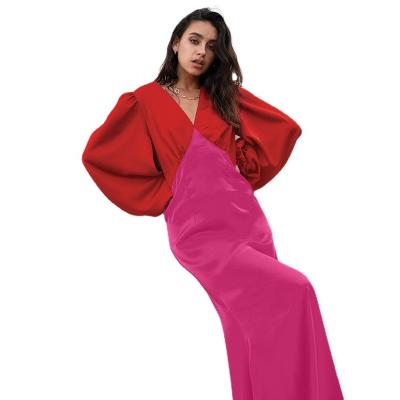 China Breathable Patchwork Contrast Patchwork Long Sleeve Puff Skirt V-Neck Long Satin Dress Casual Spring Women Dress for sale