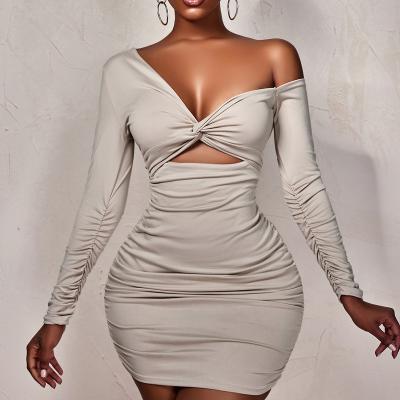 China Hollow Gray New Arrivals Viable Women Dress Sexy Long Sleeve Bodycon Tight Skirt Mini Casual Dress for sale