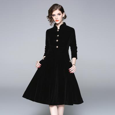 China New Arrivals Breathable Black Vintage Long Sleeve Dress Button Tangerine Collar Women Dress for sale