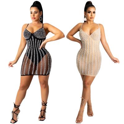 China New Arrivals Viable Spaghetti Strap Beads Sexy Mini Dress Women Vision X-Ray Dresses for sale