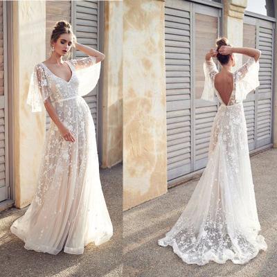 China Breathable White Chapel Train V-neck Mermaid Tulle Lace Embroidery New Arrivals Backless Wedding Dress for sale