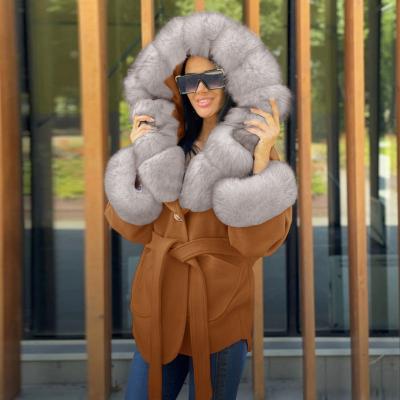 China Viable Newcomers Long Sheath Fur Hooded Faux Collar Coat Lace Belt Winter Woolen Coat for sale