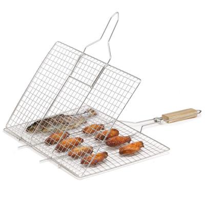 China Portable Easily Cleaned Stainless Steel Barbecue Roasting Grill Mesh Net Barbecue Grilling Basket with Wooden Handle for sale