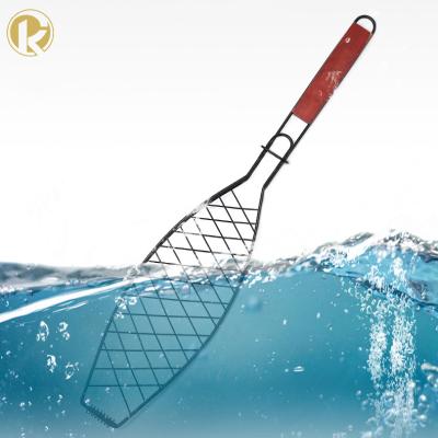 China Easily Cleaned Stainless Steel Fish Barbecue Grilling Mesh Portable Fish BBQ Grill Basket With Wooden Handle for sale