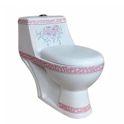 China Factory Manufacture A3101 Red Flower Ceramic Double-Flow Luxury Pattern Bathroom Soft One Piece Toilet for sale