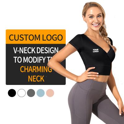 China Custom Logo Clothes Sportswear Womens Sports V Shirts Activewear Fitness Breathable Deep Gym Wear Crop Yoga Top for sale