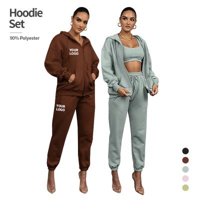 China Wholesale Anti-Wrinkle Zip Up Plain 2 Piece White Jogger Set Custom Logo Women's Hoodies and Sweatshirts for sale