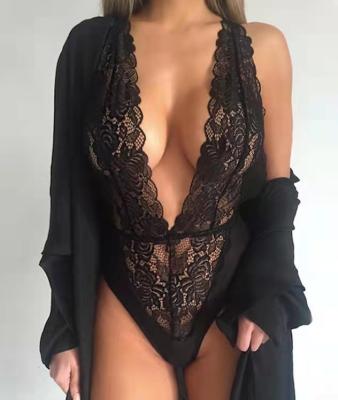 China Dropshipping V Plunge Lingerie Lace Sheer Jumpsuit One Piece Deep Sexy Sleepwear Sexy Lingeries Women for sale